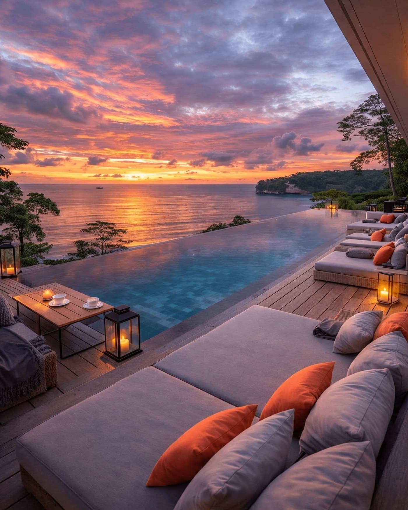 A wooden deck with lounge beds and lanterns beside an infinity pool facing the ocean at sunset. Sunset photograph.
