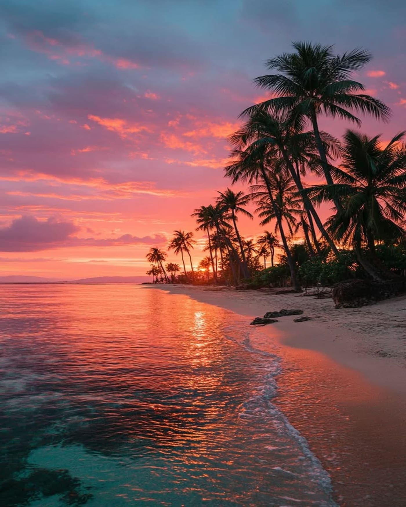A tropical beach at sunset with silhouetted palm trees and shallow water reflecting a pink and orange sky. Sunset photograph.
