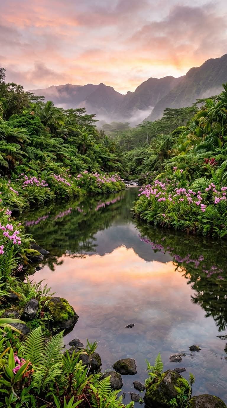 A clear river reflecting a pink and orange sunset, flanked by jungle, pink flowers, mossy rocks, and misty mountains. Sunset photograph.