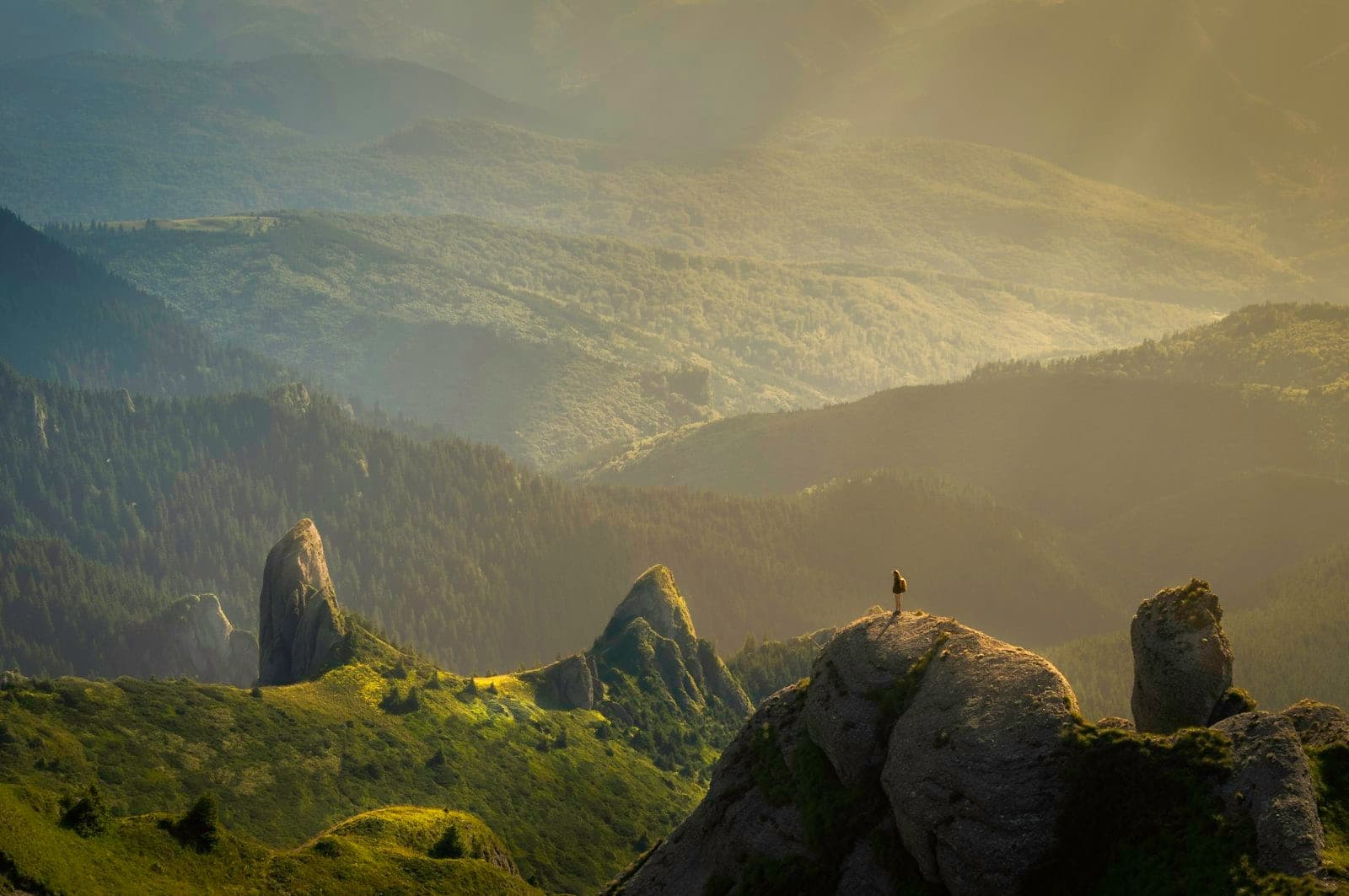 A person stands on a rocky peak overlooking misty green mountain ridges at golden hour